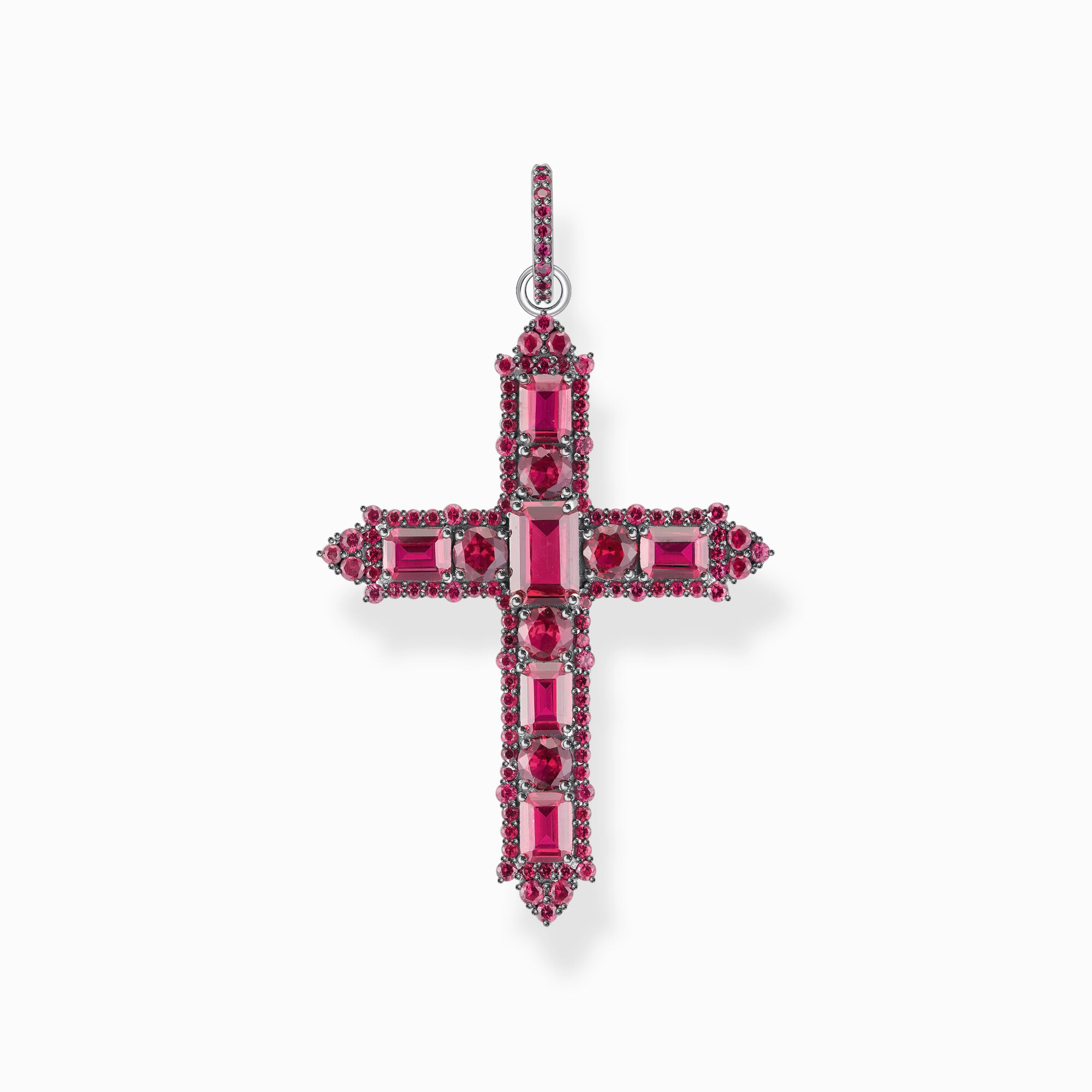 Silver blackened cross pendant with ruby red stones from the  collection in the THOMAS SABO online store