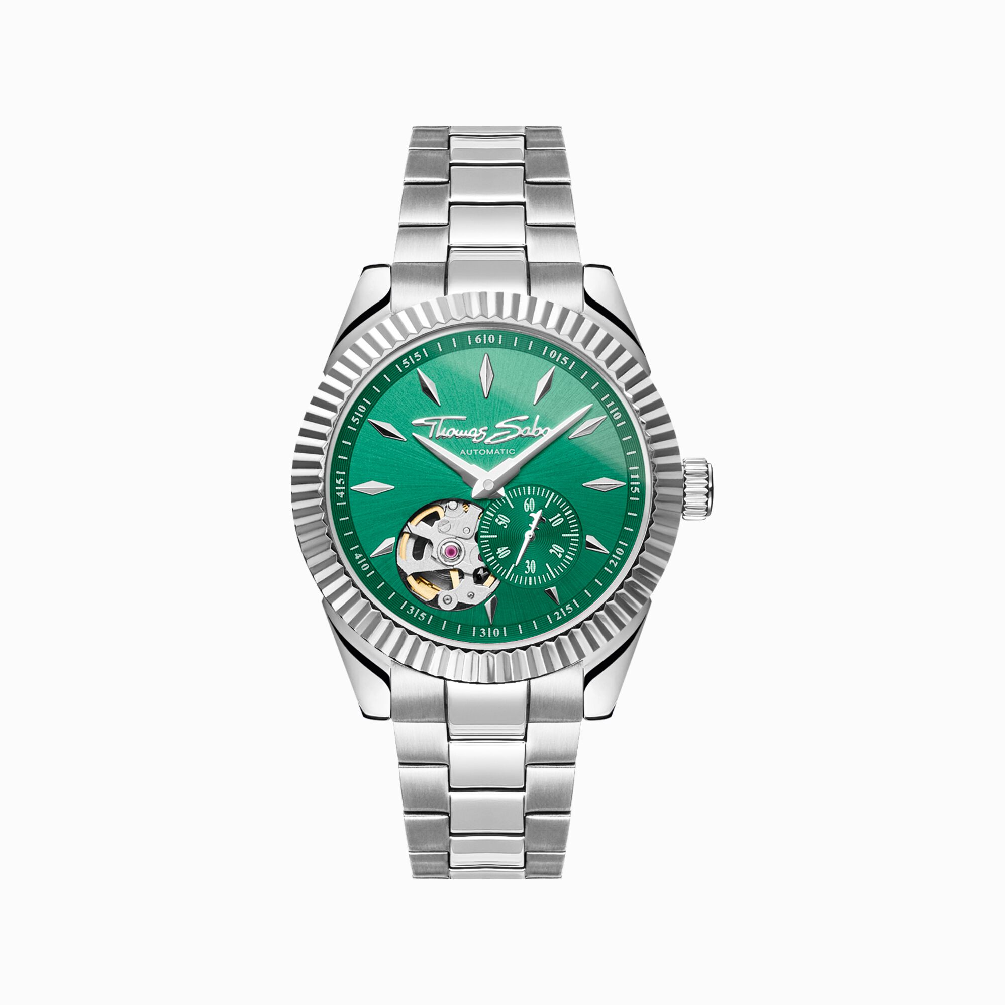 Silver automatic watch with 36 mm and emerald green dial from the  collection in the THOMAS SABO online store