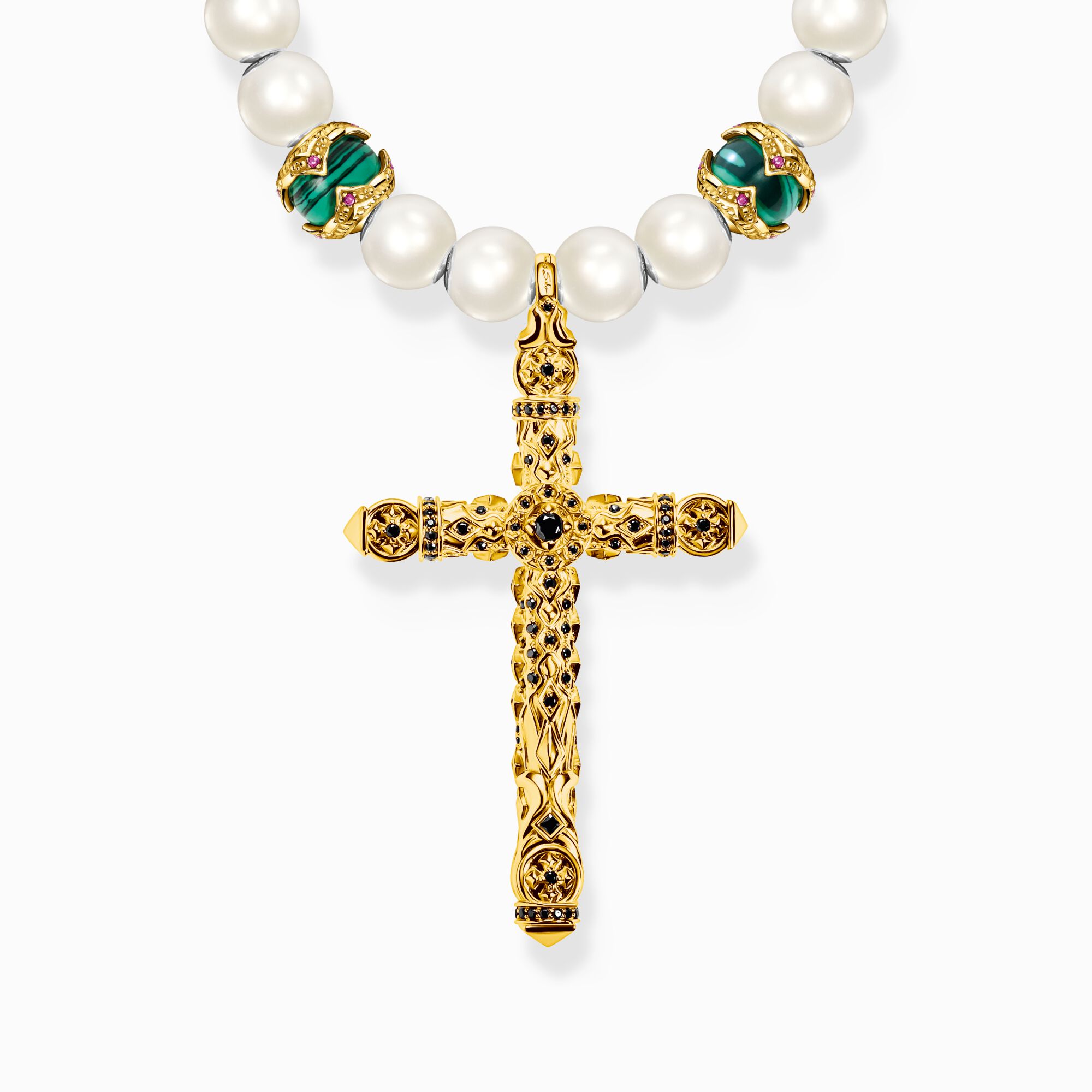 Gold-plated necklace made of different beads with cross pendant from the  collection in the THOMAS SABO online store