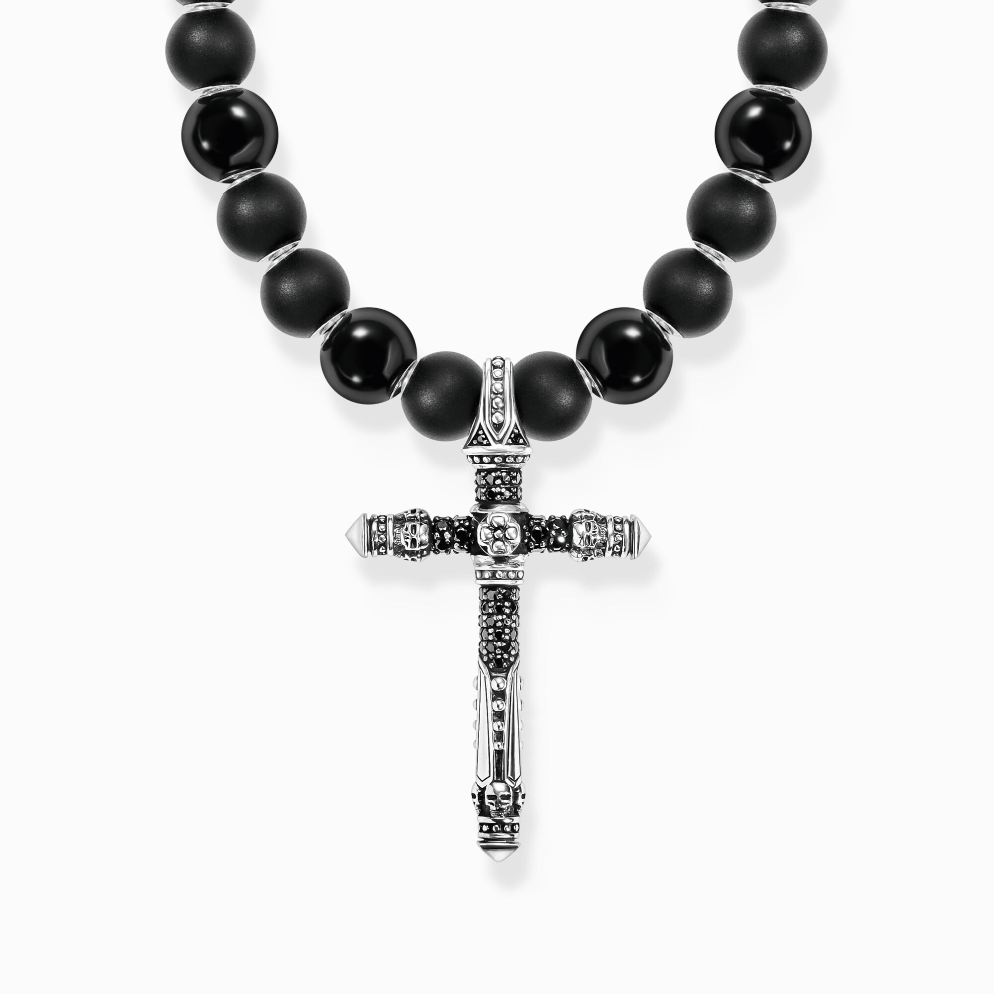 Silver blackened necklace made of black beads with cross pendant from the  collection in the THOMAS SABO online store