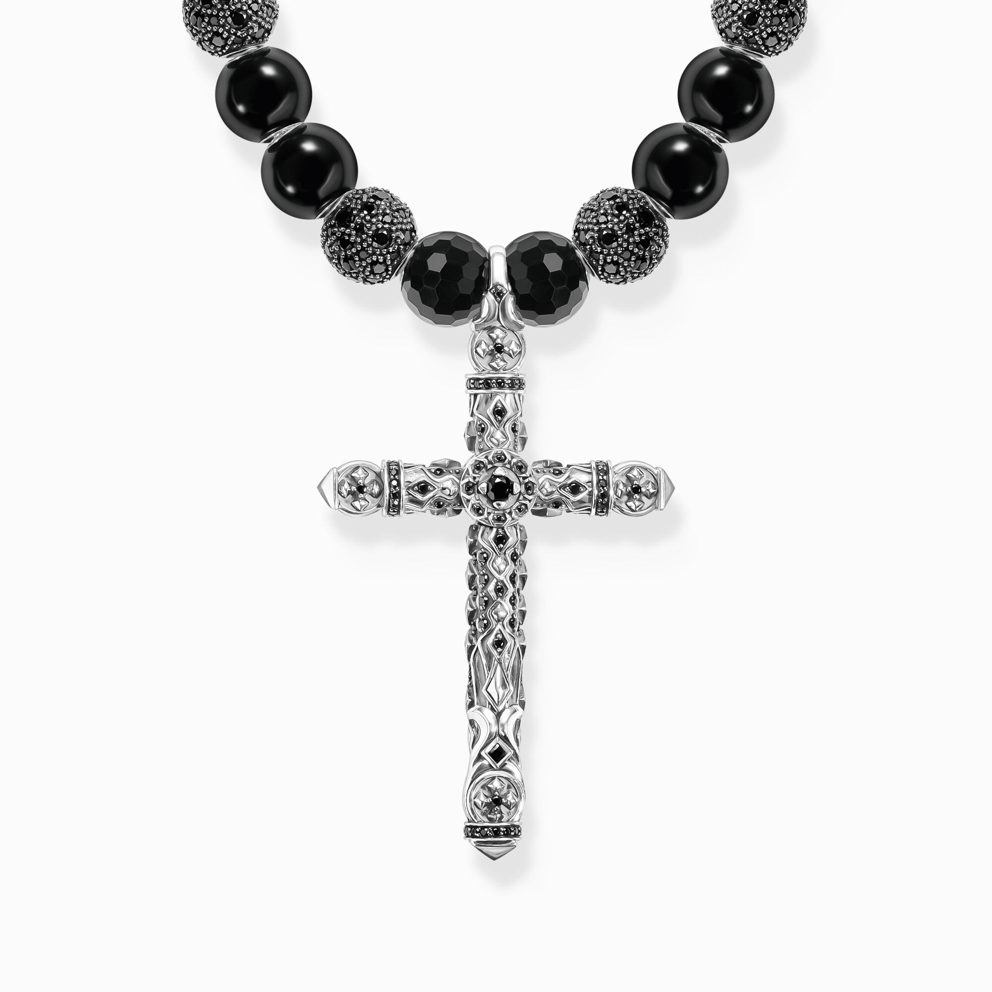 Silver blackened necklace made of black beads with cross pendant from the  collection in the THOMAS SABO online store