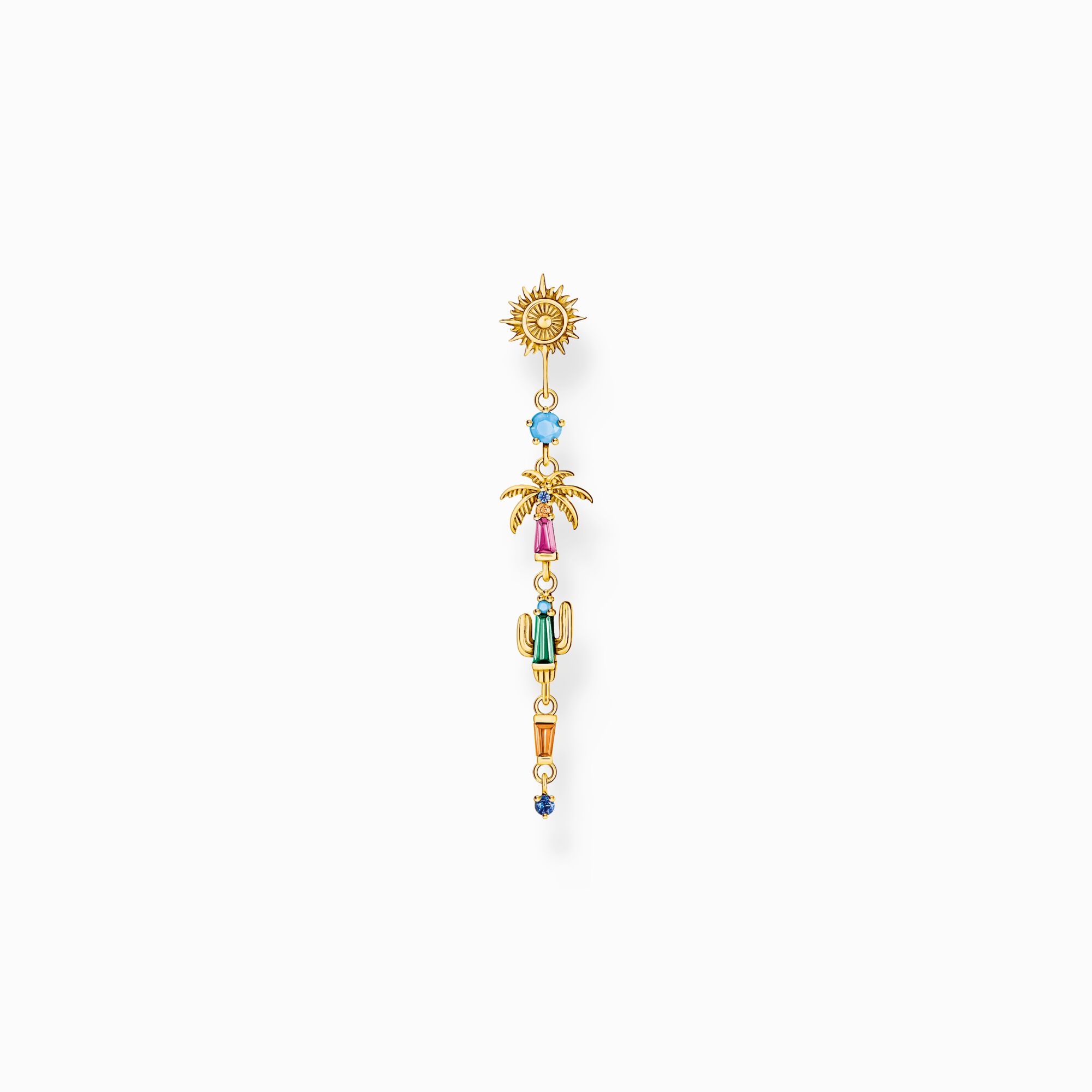 Clou d&rsquo;oreille individuel soleil, palmier et cactus orn&eacute; de gemmes multicolores dor&eacute; de la collection Charming Collection dans la boutique en ligne de THOMAS SABO