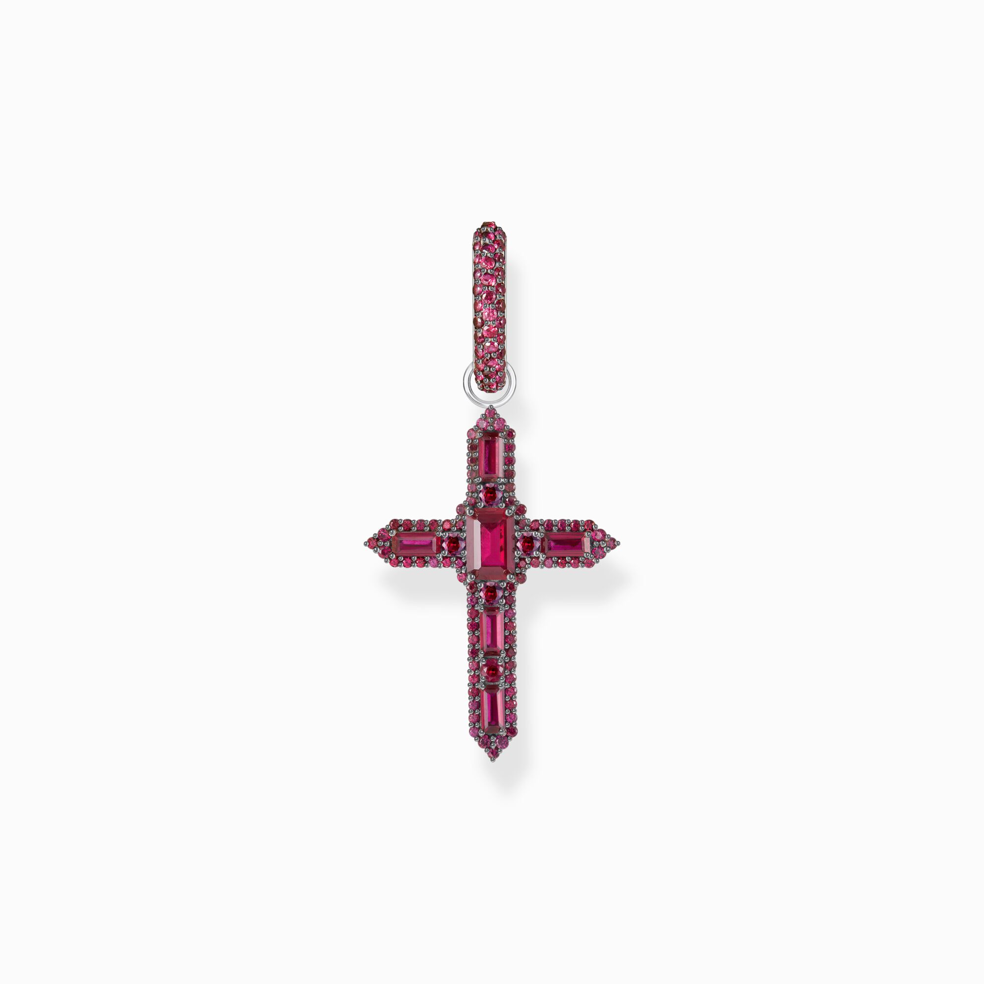 Silver blackened cross single hoop earring with ruby red stones from the  collection in the THOMAS SABO online store